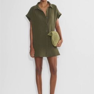 Olive Button-Front Swim Shirt Cover-Up